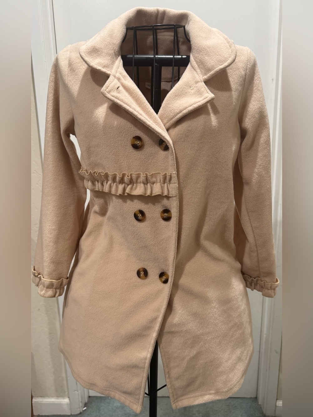 Girl Cream Double-Breasted Ruffle Wool-Blend Coat
